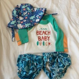 swim lot: hat, 2 swim diapers & rash guard- Gymboree & honest co. 3-6M